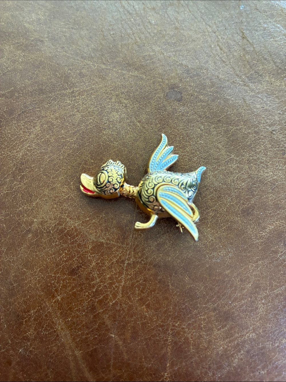 Articulated damascene duck brooch